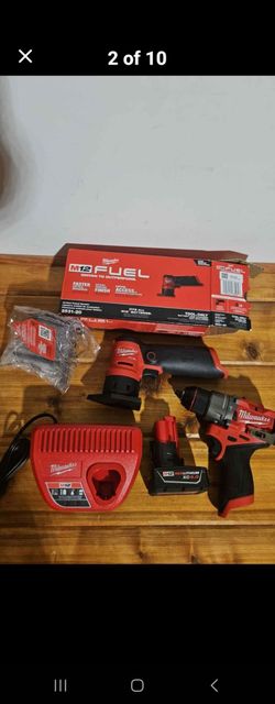 Milwaukee M12 'Fuel' orbital detail sander kit, hammer drill, battery, charger
