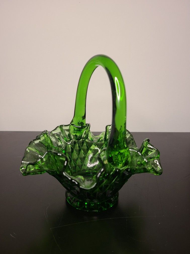 Vintage Diamond Pattern Fenton Ruffled Edge Green Glass Basket