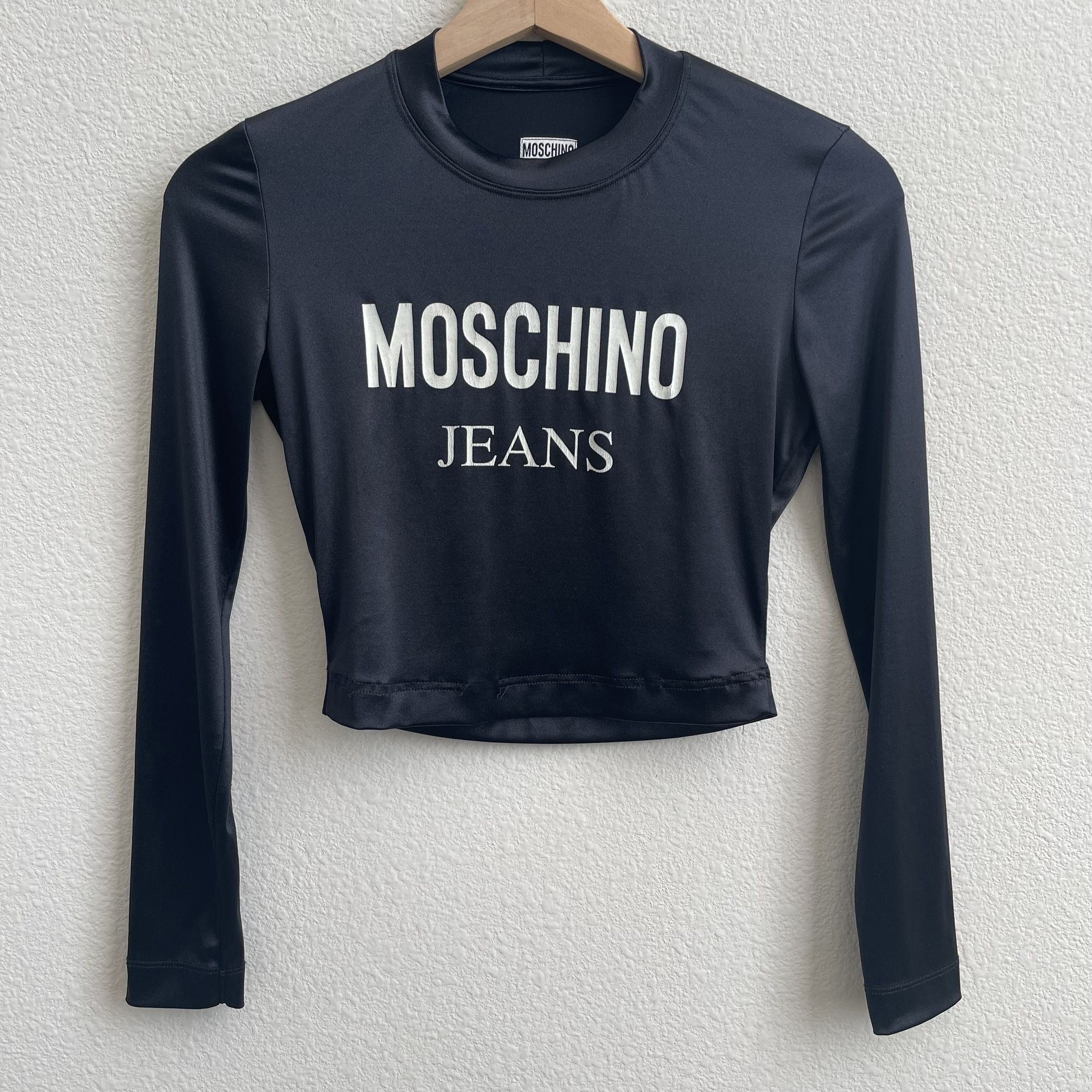 MOSCHINO JEANS Vintage 90s Black White Edgy Fitted Long Sleeve Graphic Crop Top