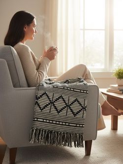 Black and White Geometric Fringe Throw Blanket sku 69