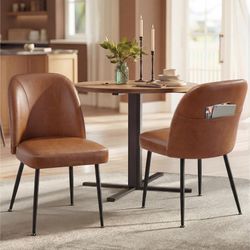 Dining Chairs Set of 6 Upholstered Kitchen Chairs Synthetic Leather with Stitching, Mid-Century Modern, with Storage Pocket, Caramel Brown UKDC190KN01