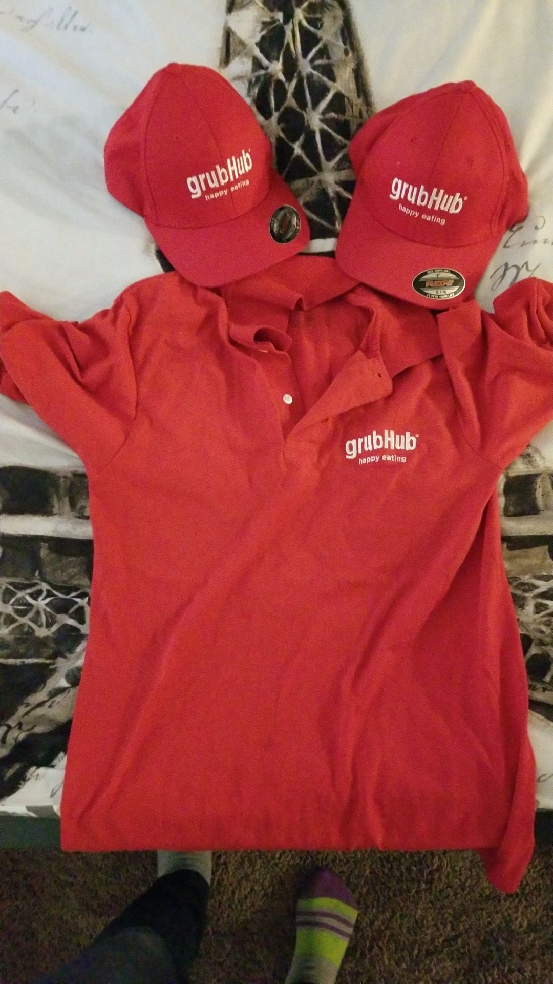 GrubHub shirt and (2) hats