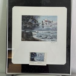BRIAN SANDERS "D-DAY" LIMITED EDITION HAND SIGNED WITH WORLD WAR 3 Commemorative Stamps  LITHOGRAPH FRAMED ONLY 152 of 2,500 Made. 