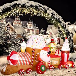 11 FT Christmas Train Inflatable Santa Claus Gingerbread Man - Christmas Inflatables Outdoor Decorations Built-in LED Lights Decorating