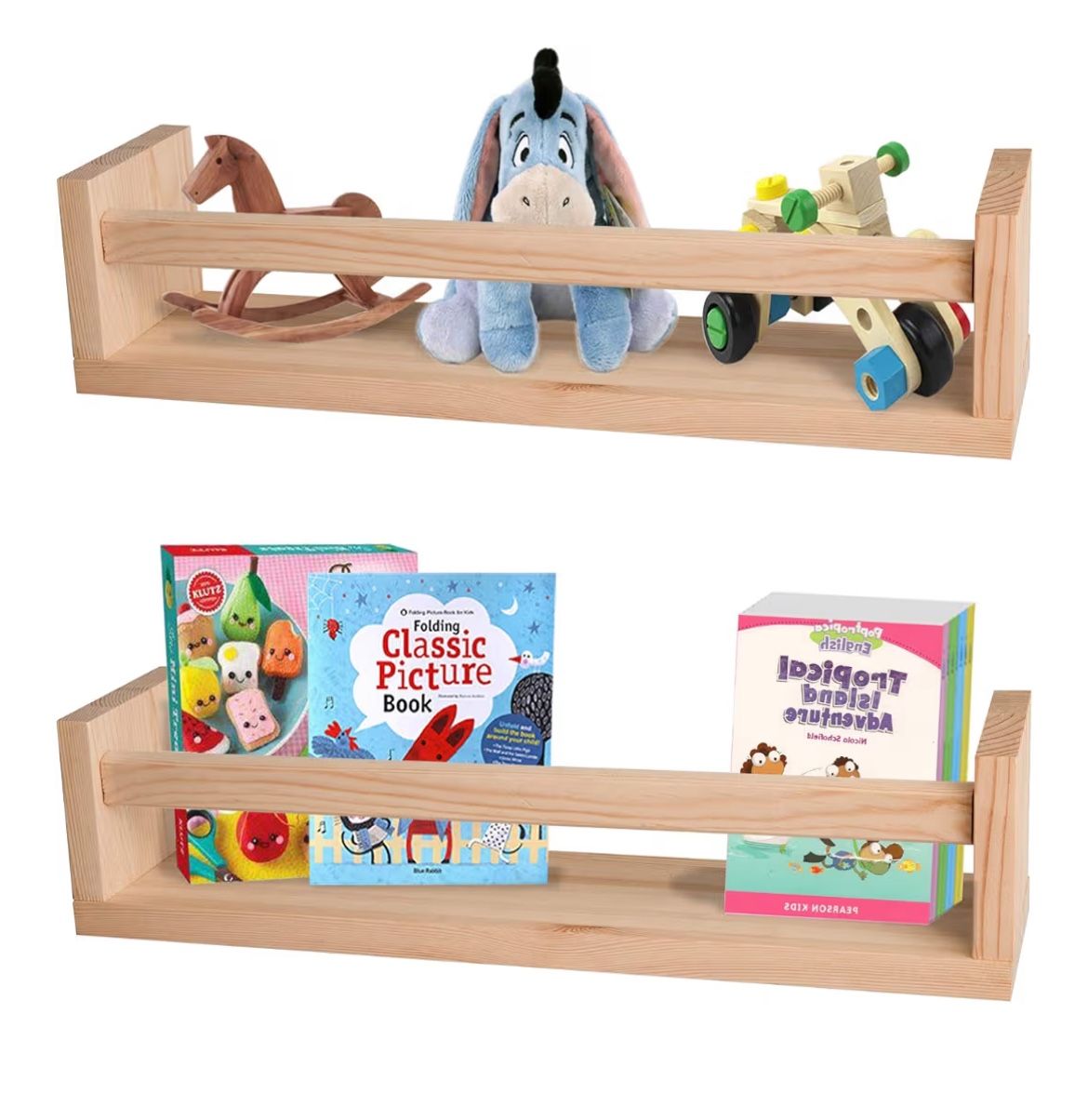 Nursery Shelves Set of 2 ,Natural Wood Wall Bookshelves for Kids,Floating Bookshelves for Wall,Bathroom Decor, Kitchen Spice Rack(Natural Wood)