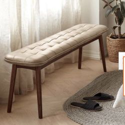 Bench Button-Tufted Khaki Oak 100% Solid Wood Cowhide Leather Upholstered Bedroom Bench for Living Room, Dining Room, Office