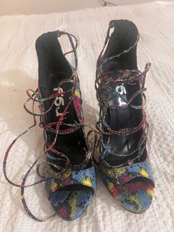 Multicolor Snakeskin Lace-Up Heeled Sandals