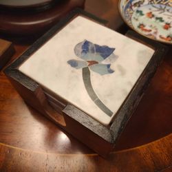 Marble Coasters Set w Wooden Holder Blue Floral Design