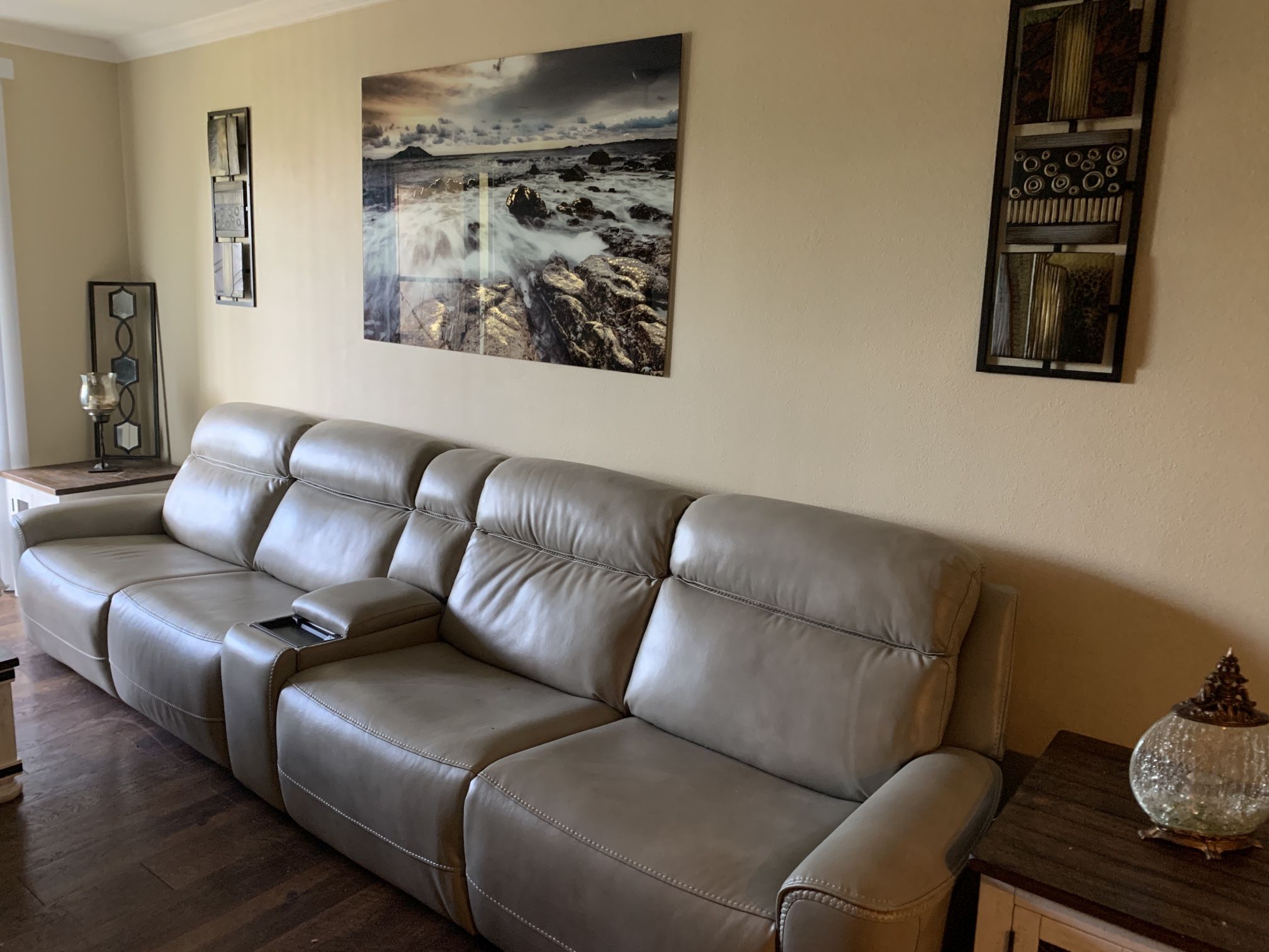 Long Leather Reclining Couch And 2 End Tables