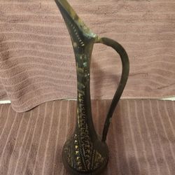 Vintage Etched Solid Brass Ewer Or Bud Vase