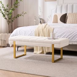 47" Ivory Velvet Channel Bedroom / Entryway / Living Room Bench w/ Gold Metal Legs  [NEW]  **Retails for $180