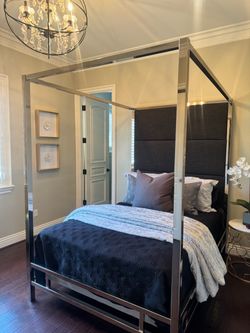 Chrome Four-Poster Canopy Bed Frame + Mattress