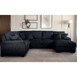Brand New BLACK RHF Jumbo Corduroy U-Shaped Pull Out Sectional Sofa w/ Storage  Chaise + Pillows (123.03 x 97.64 (66.93 Chaise) x 38.19 in. H)