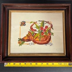 Vintage National Paragon Framed Needlepoint Art  1980 Flowers Butterfly just $8 