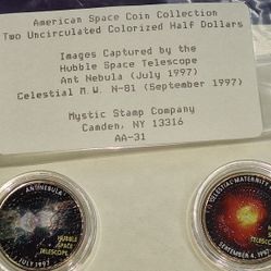 "American Space Coin Collection" set featuring two uncirculated colorized half dollars. 
The set includes coins depicting the Ant Nebula (captured Jul