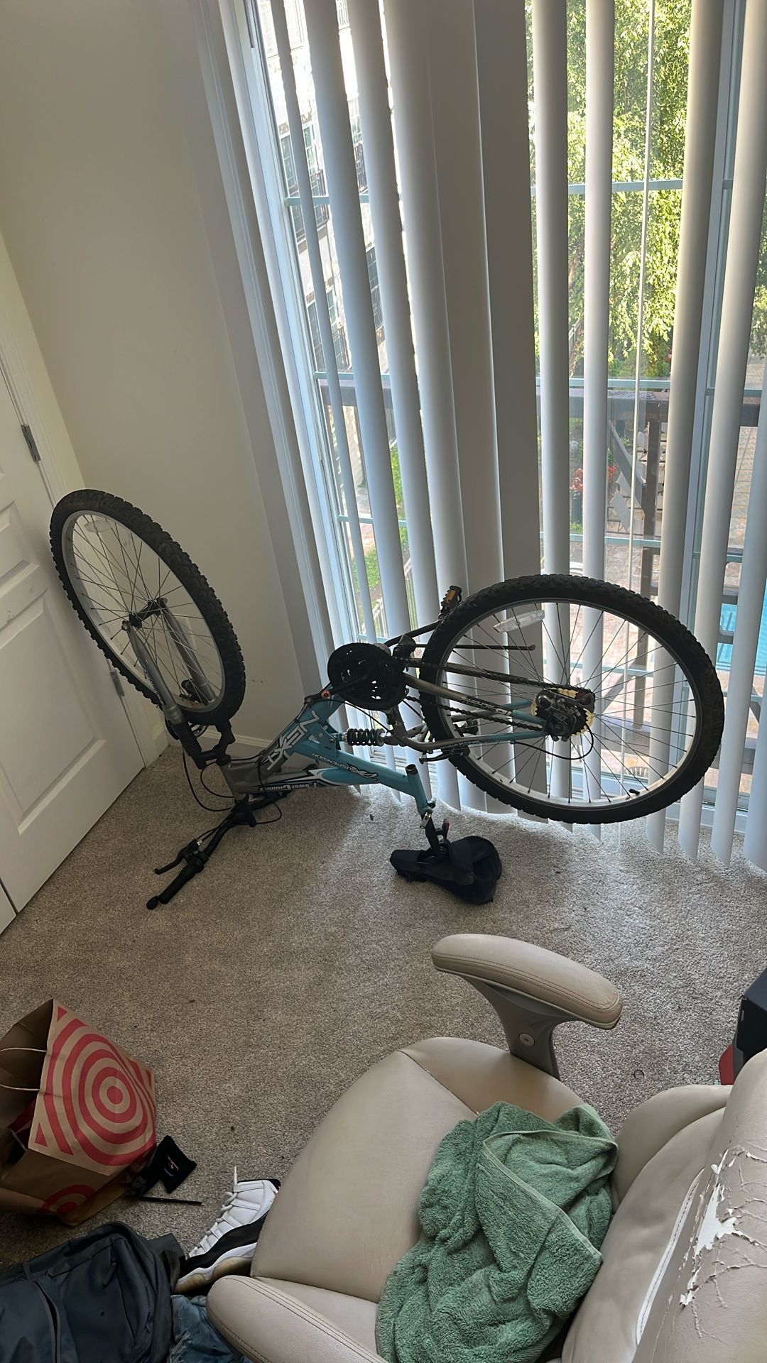 A Sky Blue And Gray Mountain Bike