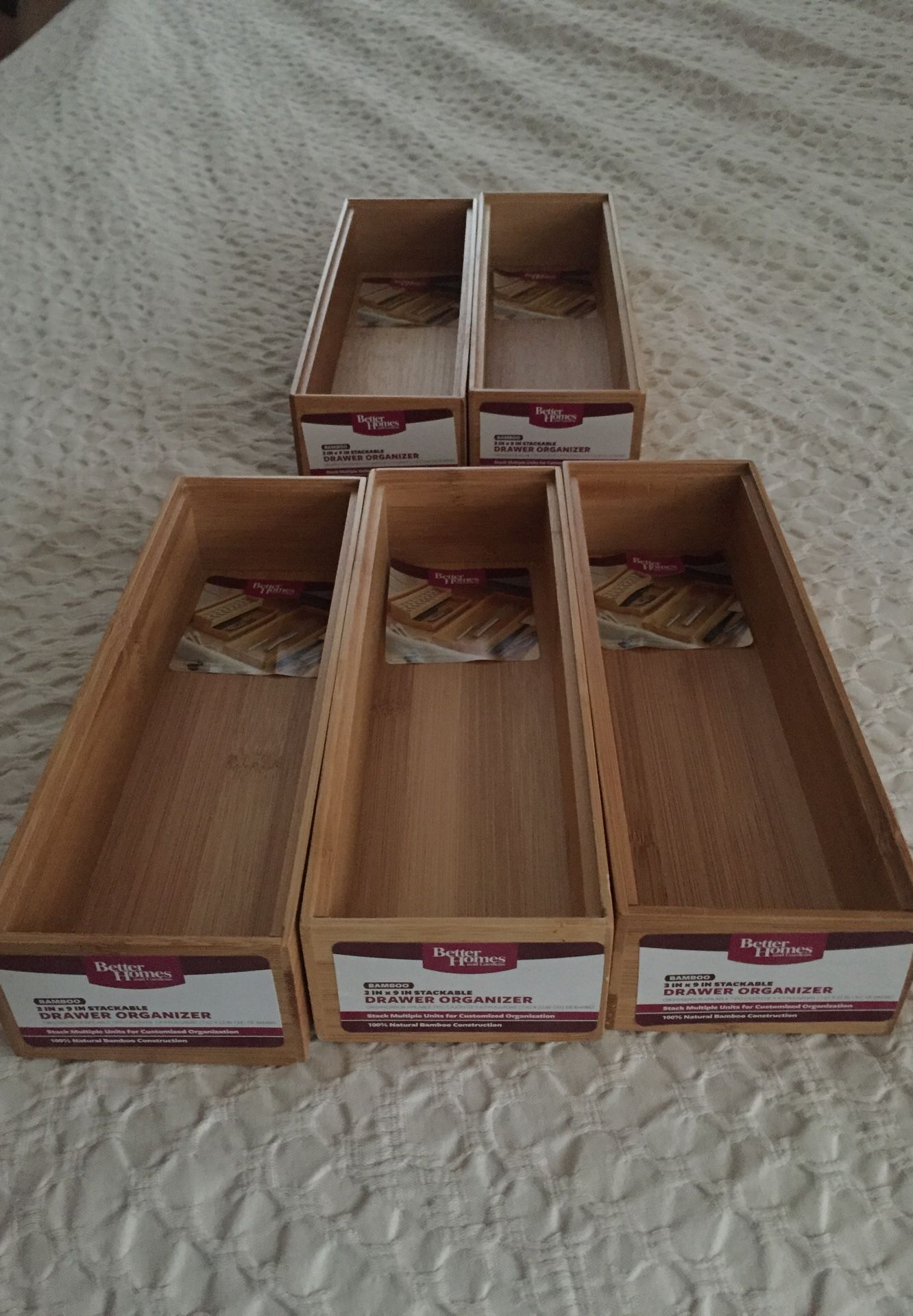 5 Bamboo Wood Stackable Drawer Organizers 3x9