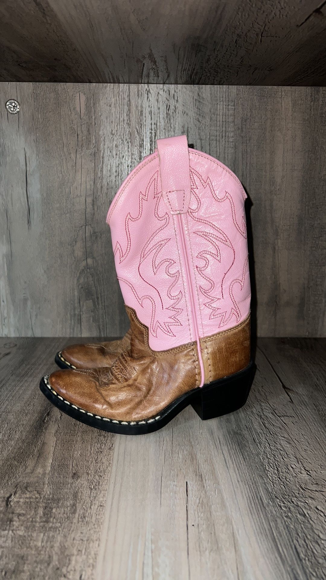 OLD WEST Girl's J Toe Tan Canyon/Pink Western Boot (8139) toddler size 090 (about 9-9.5). Bottoms are in w excellent condition - insides have little r