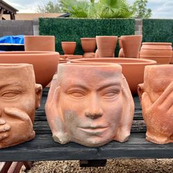 Terracotta Clay Pot Faces / Set Of 3 