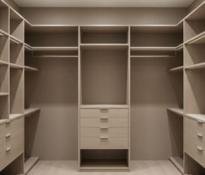 Master Walk-In Wood Grain Color with Matching Backing and Drawer Fronts. Everything is adjustable.