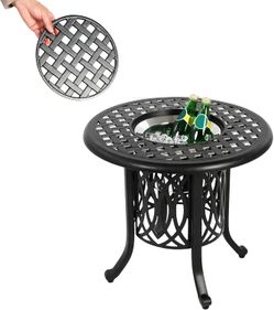 HOMEFUN Outdoor Side Table with Ice Bucket, Cast Aluminum Small Patio Table, Weather-Resistant,