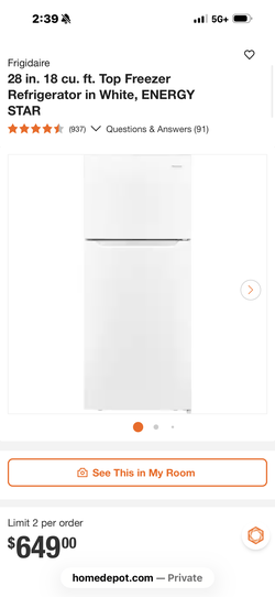 Frigidaire 28 in. 18 cu. ft. Top Freezer Refrigerator in White, ENERGY STAR