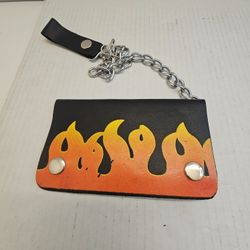 Made in USA Leather Men’s Flames Trifold Wallet w/ Removable Chain – Top Grain Biker Motorcycle Trucker Wallet