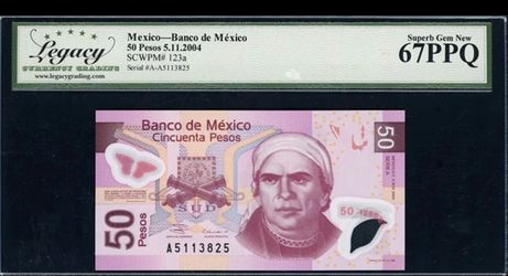 2004 50 Pesos Banco de Mexico Note. HIGH GRADE!  Legacy Superb Gem New 67 PPQ