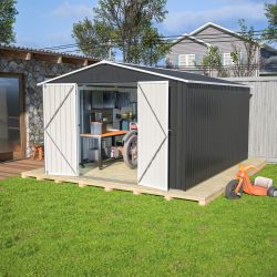 Outdoor Storage Shed 10x12 FT, Utility Metal Tool Storage with Lockable Doors and Updated Frame Structure, Large Metal Garden Shed for Backyard, Patio