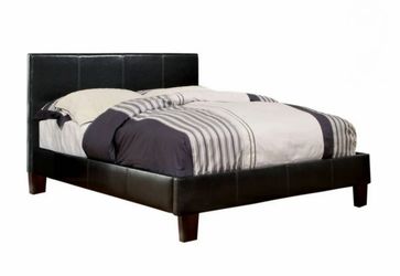 Queen Bed Frame – Espresso Faux Leather – Great Condition + Queen Mattress