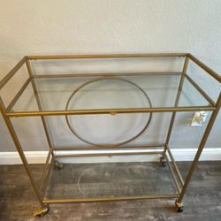 Bar Serving Cart Dining Car Storage Rack 2-Layer Gold Metal Frame Glass Top Shelf