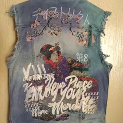 Asian Samurai Geisha Girl Denim Jean Jacket Vest Unisex Men's Small Women's Medium