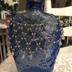 Cobalt Blue Art Jewelry Laced Glass Bottle Decanter 