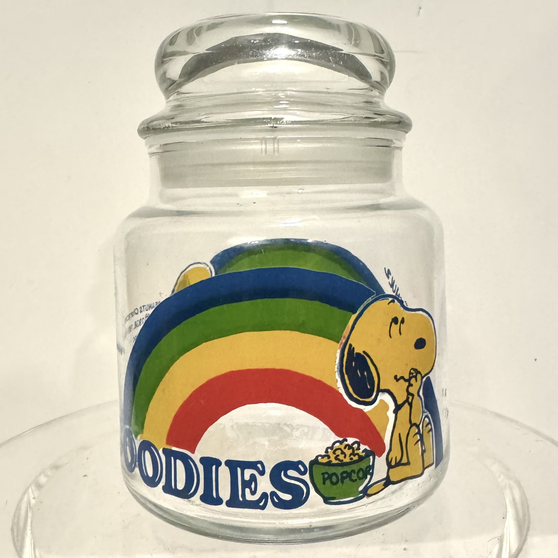 Vintage Peanuts Snoopy Glass Rainbow Goodies 4 1/4" Canister & Lid 1(contact info removed)