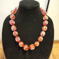 Vintage Murano Red Clear Glass Beads With Gold Dust Choker Necklace