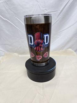 Super Dad 20 oz Tumbler – Painted Wood Grain Look – Spider Hero Fist Bump – Stainless Steel Insulated Travel Mug – Perfect Father’s Day Gift