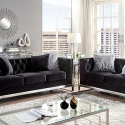 Brand New Black Flannelette Linen Glam Sofa + Loveseat 2PCs Set
