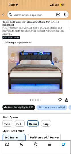 Queen Bed Frame with LED Upholstered Headboard