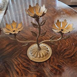 Vintage Gold Floral Candle Holder Tea Light Candelabra / Decor / Decorative / Houseware / Antique / Furniture / Living Room / MCM / Hollywood Recency