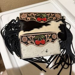 Leather Cowhide cherry Fringe Crossbody
