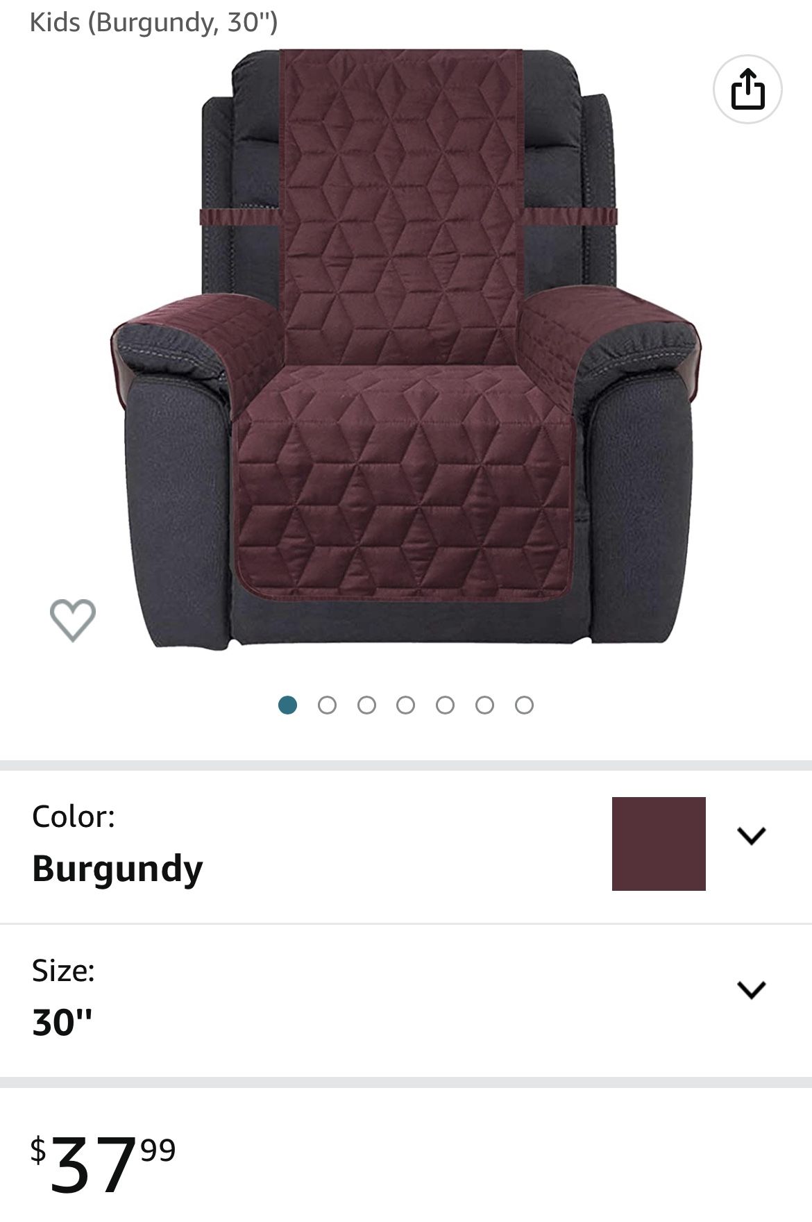 Waterproof Nonslip Recliner Cover Stay in Place, Dog Couch Recliner Cover Furniture Protector for Pets and Kids (Burgundy, 30'')