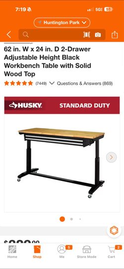 62 in W × 24 in. D 2-Drawer Adjustable Height Black Work