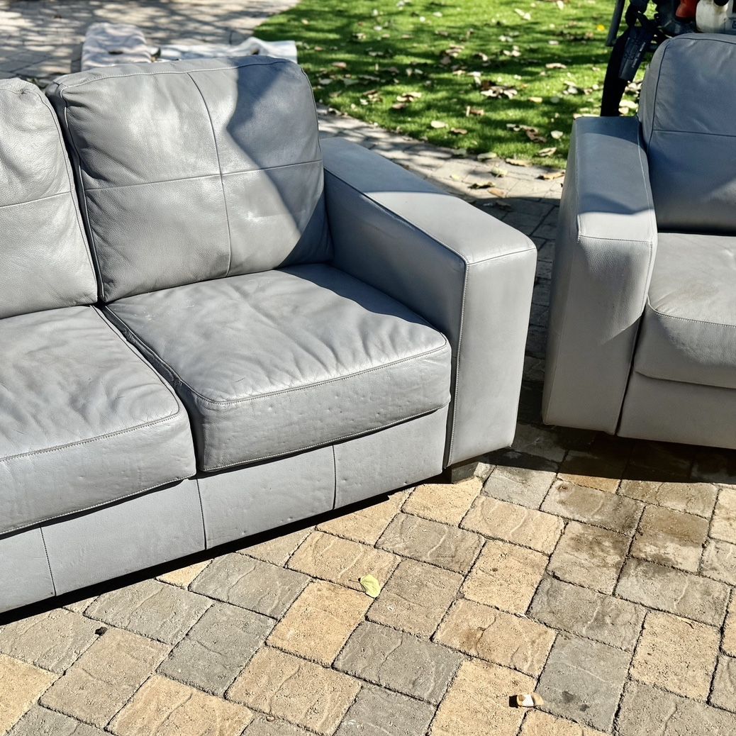 PENDING SALE Grey Leather Love Seat & Chair  