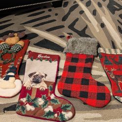 “Vintage High-End Woven Christmas Stockings Lot – Pug Dog, Deer Pair, Moose”
