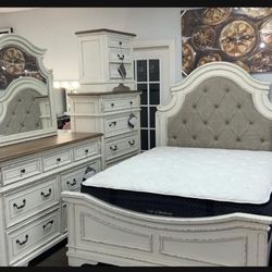 6pc Whitewash Queen Upholstered Bedroom With Storage Footboard ✅ Delivery Available👍 Brand New 💥 $39 Down Payment🤩