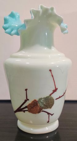 Antique Opaline Bristol Blown Glass Vase Blue Ruffled Rim W/Embossed Leaves 8" Double Crimped