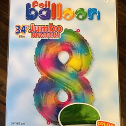 NEW - Jumbo 34” Rainbow Foil 8th Birthday Number Balloon