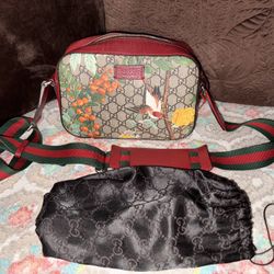 Gucci Red/Beige GG Supreme Canvas and Leather Tian Camera Crossbody Bag With COA