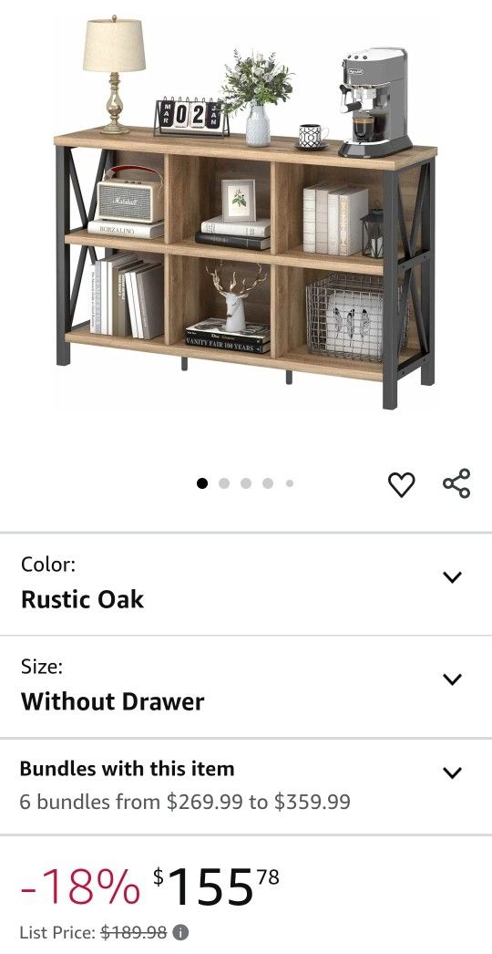 FATORRI 6 Cube Storage Organizer with Shelf, Long Wood and Metal Cubby Bookcase, Industrial Horizontal Bookshelf (Rustic Oak, 47 Inch)