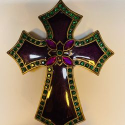Beautiful Purple Enamel Cross Trinket Box With Green Stones 
